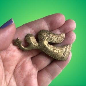 Vintage etched brass angel brooch heart star primitive folk art